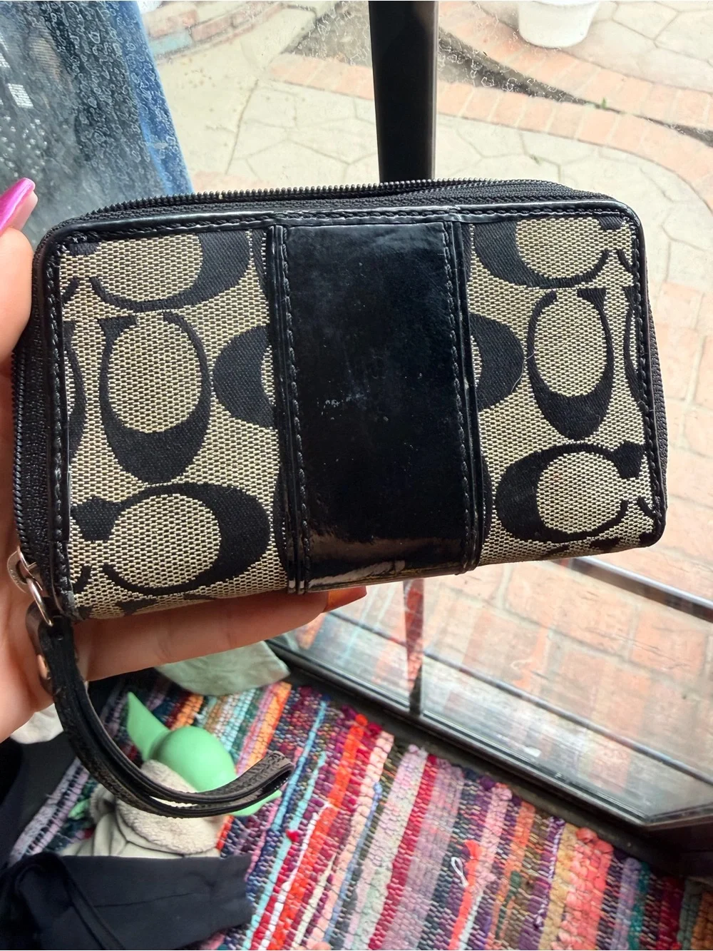 Coach Black & Beige Signature Canvas Wristlet